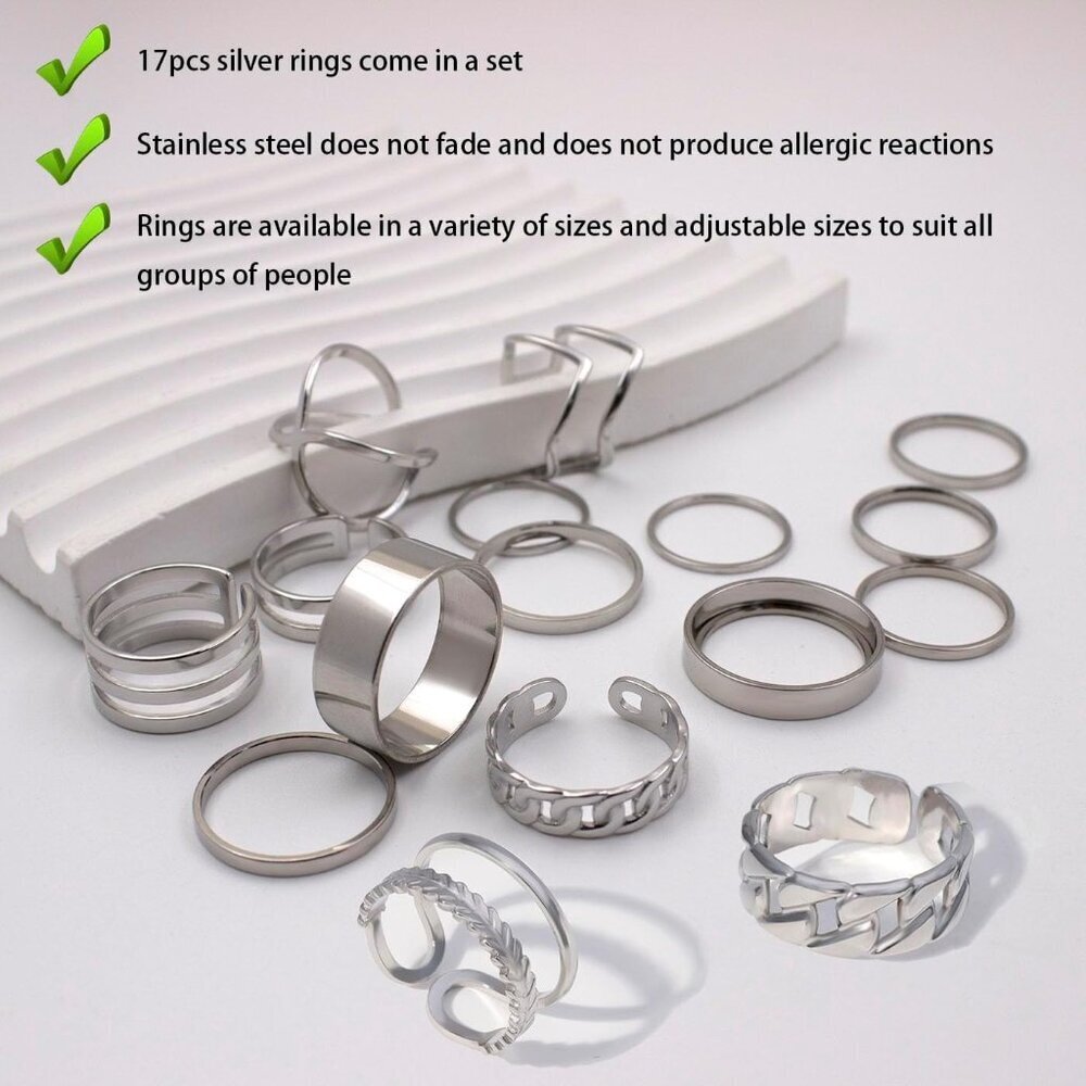 17pcs Silver Stainless Steel Stackable Rings For … - image 4